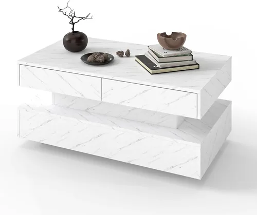 Miniatura 9 de Mesa de centro para sala de estar, mesa de centro moderna con 2 cajones de almacenamiento, mesa central de 2 niveles de madera con luces LED de 20