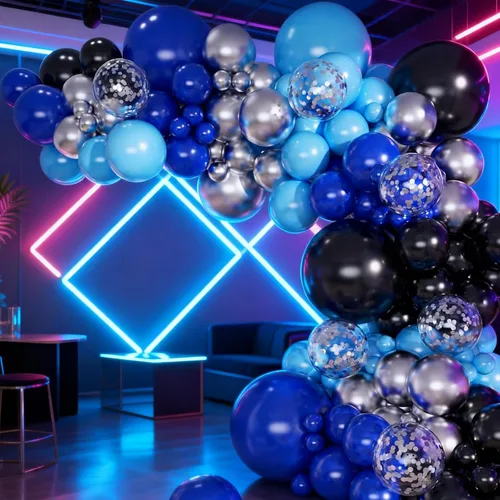 Miniatura 5 de Kit de arco de globos, 146 globos negros, azules, plateados, blancos, de 18, 12, 10, 5 pulgadas, globos de diferentes tamaños para cumpleaños