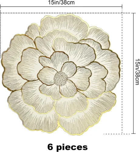 Miniatura 6 de fanquare Juego de 6 manteles individuales redondos florales dorados en forma de rosa de 15 pulgadas, manteles individuales metálicos impermeables