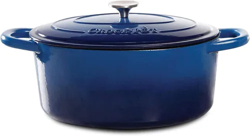 Crock Pot Artisan - Horno holandés ovalado de hierro fundido esmaltado de 7 cuartos de galón, color azul zafiro, utensilios de cocina resistentes