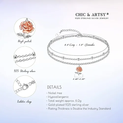 Miniatura 69 de CHIC & ARTSY Tobilleras delicadas de plata de ley S925 para verano, pulsera de tobillo ajustable multicapa para playa, joyería de pie para mujer