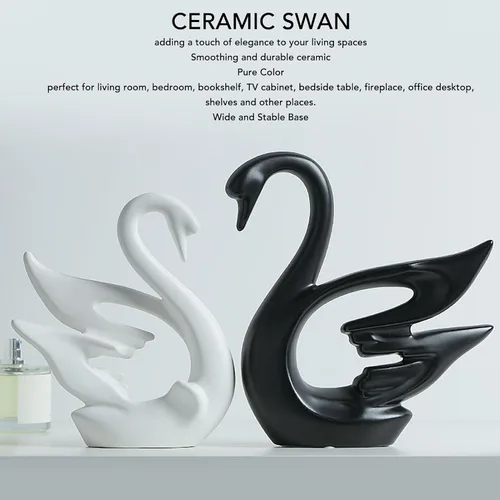 Miniatura 2 de Wnvivi 2 figuras de cisne, escultura de cisne de cerámica en blanco y negro, decoración moderna de cisne para pareja para dormitorio, estante