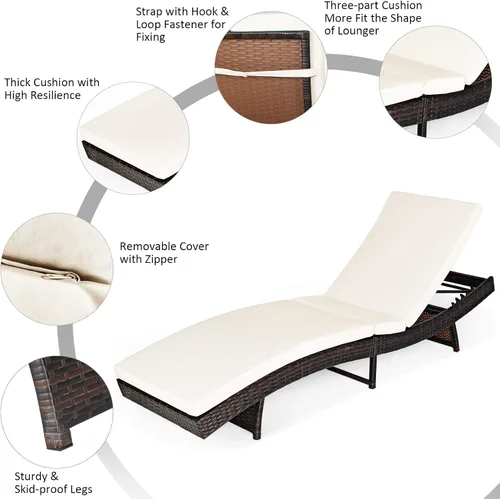 Miniatura 7 de Tangkula Tumbona para exteriores, silla de ratán para patio con cojín grueso extraíble, 5 niveles ajustables, silla de mimbre reclinable de ocio