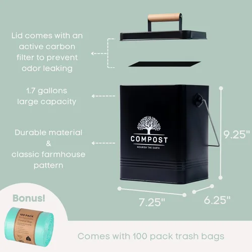 Miniatura 2 de PERFNIQUE Contenedor de compost de cocina, contenedor de compostaje para encimera de 1.7 galones con tapa, contenedor de compost interior incluye 2