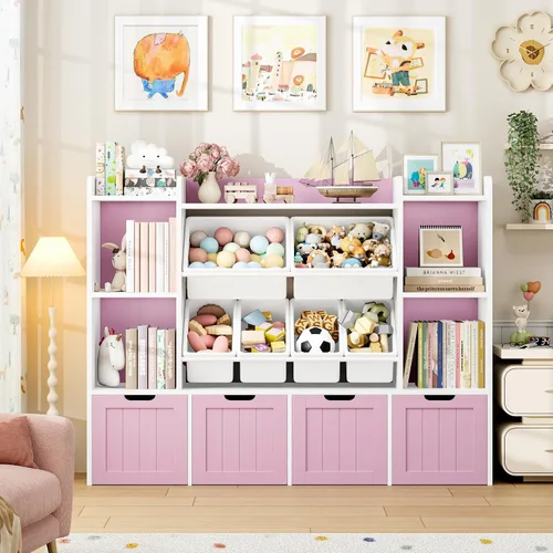 Miniatura 4 de FINETONES Organizador de almacenamiento de juguetes de 55.1 pulgadas con 6 cubos de juguetes, organizador grande de juguetes, estantería para niños