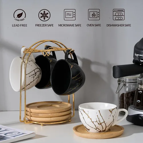 Miniatura 4 de LUKA - Juego de tazas de café de cerámica con platillos y soporte de metal, tazas de capuchino apilables de 8 oz de porcelana para té, espresso