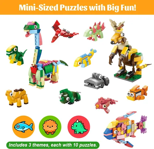 Miniatura 2 de 30 paquetes de recuerdos de fiesta de animales para niños, 999+ piezas de bloques de construcción, 3 estilos de dinosaurios/mar/bosque, 10 en 1
