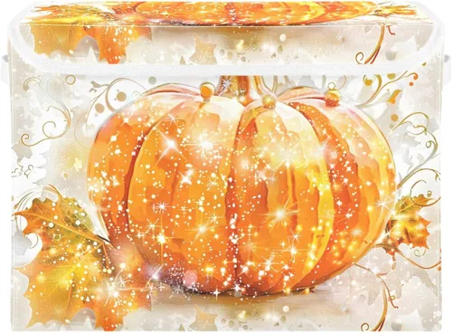 senya Contenedores grandes de almacenamiento plegables con calabaza de otoño de lino, cubos de almacenamiento plegables de tela, con tapa abatible