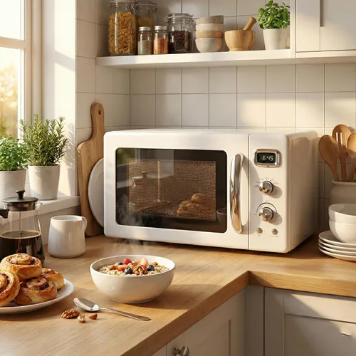 Miniatura 2 de Horno microondas retro para encimera, SIMOE Horno microondas compacto 0.9 pies cúbicos con bloqueo para niños, 5 niveles de potencia, descongelación