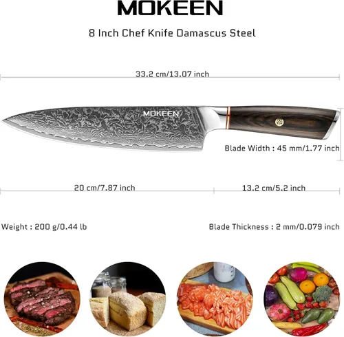 Miniatura 4 de Cuchillo de chef – Cuchillo de cocina VG10 de acero Damasco de 67 capas, cuchillo japonés de 8 pulgadas para cortar carne y verduras, cuchillo