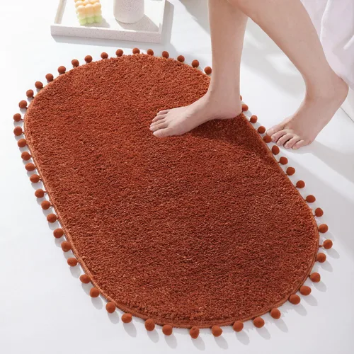 Miniatura 10 de YIRDDEO - Alfombra de baño verde oliva con pompones para baño, antideslizante, linda alfombra de baño boho con pompones ovalados absorbentes