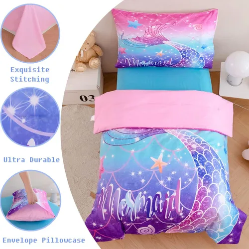 Miniatura 7 de ZRNBAST Juego de ropa de cama de sirena para niños pequeños, juego de edredón de escamas de pez de 4 piezas para dorados, color morado y azul, cama