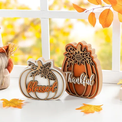Miniatura 5 de Glitzhome Juego de 2 decoraciones de calabaza de madera de Acción de Gracias (6 pulgadas y 8 pulgadas de alto) – Decoración de mesa de granja