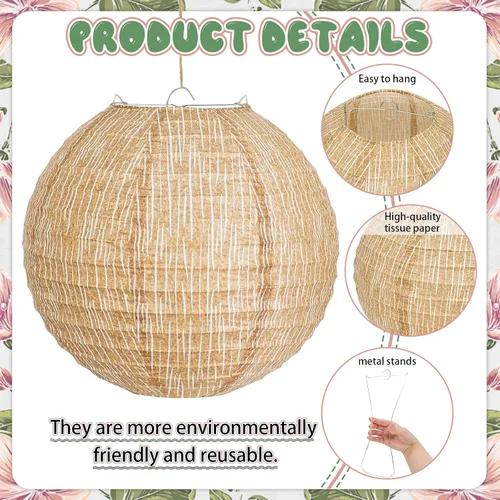 Miniatura 4 de 10 linternas de papel bohemias neutras de 10 pulgadas Decoración colgante de arpillera rústica para bodas, baby shower, dormitorio, patio en casa