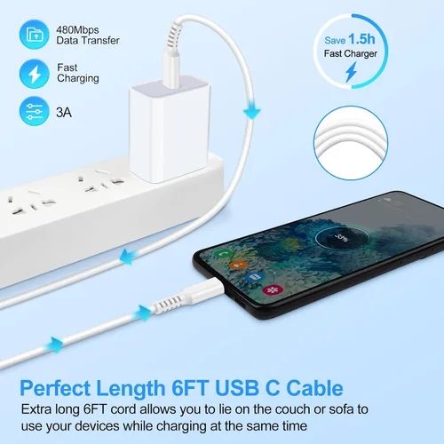 Miniatura 5 de Cable de carga de teléfono USB C a tipo C, cable de alimentación de carga rápida, paquete de 2 cables largos de carga automática de 6 pies