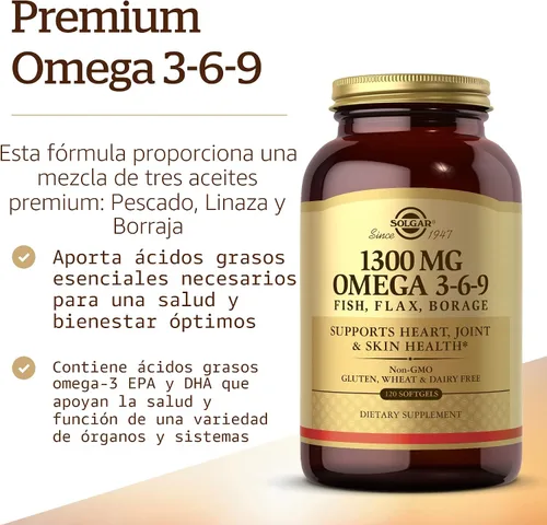 Miniatura 3 de Solgar 1300 mg Omega 3-6-9, 120 cápsulas blandas - Suplemento de aceite de pescado - Apoyo para la salud de las articulaciones y la piel - Incluye