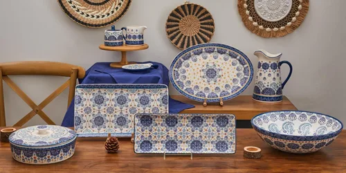 Miniatura 2 de Bico Blue Talavera - Juego de 2 platos rectangulares de cerámica de 14 pulgadas, para servir ensalada, pasta, queso, jamón, aperitivo, microondas