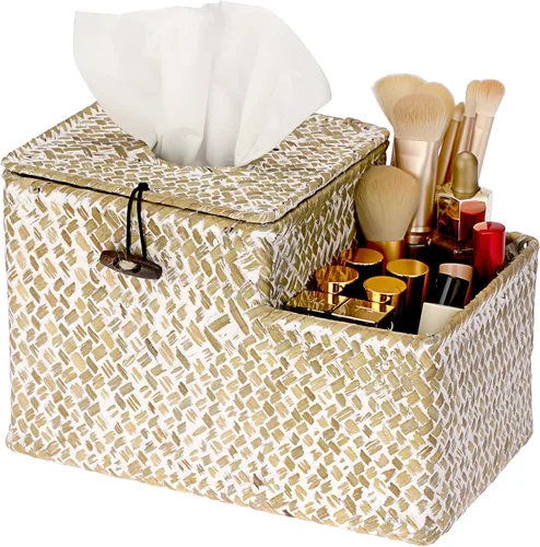 Miniatura 9 de Sumnacon Cubierta de caja de pañuelos cuadrada tejida - Soporte de caja de pañuelos decorativo de mimbre con organizador lateral, soporte de Natural