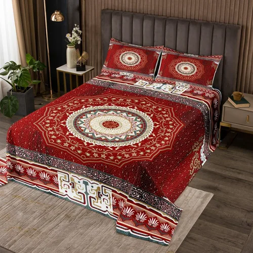 Miniatura 7 de Erosebridal Colcha King, Colcha Exótica Bohemia, Cobertor de Encaje Bohemio Tribal Floral Rojo Amarillo Azul Degradado Retro, Acolchado Egipcio