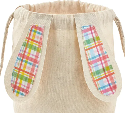 Miniatura 5 de Hallmark Bolsa de regalo reutilizable de lona de conejo de Pascua con cordón (cuadros de primavera) para caza de huevos de Pascua