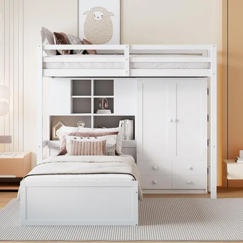 Miniatura 20 de Literas de tamaño matrimonial sobre individual e individual, litera triple de madera con cajones de almacenamiento, barandillas y escalera para 3