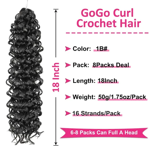 Miniatura 2 de Unionbeauty - Paquete de 8 mechones rizados con ganchillo GoGo, rizos de agua, extensiones de cabello sintético ondulado con ganchillo de 18 1b#