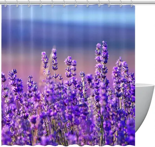 KXO Cortina de ducha de flores de lavanda púrpura malva, impermeable, lavable, juego de cortinas de baño de poliéster con ganchos, 72 x 72 pulgadas