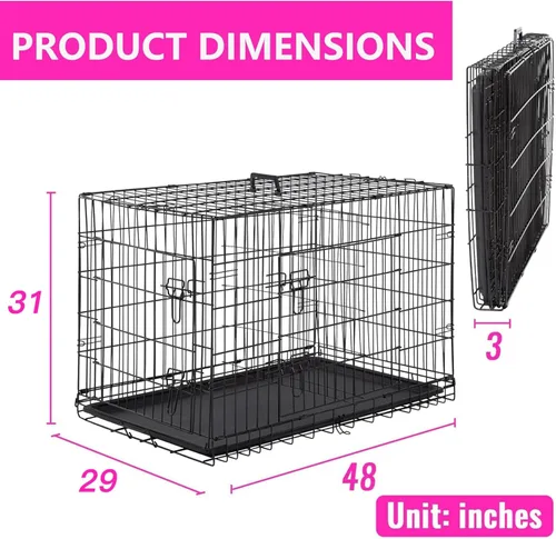 Miniatura 7 de FDW Jaula para Perros Grandes de 48 Pulgadas, de Alambre de Metal Plegable, Doble Puerta con Panel Divisor, Perrera para Interior y Exterior, Negro