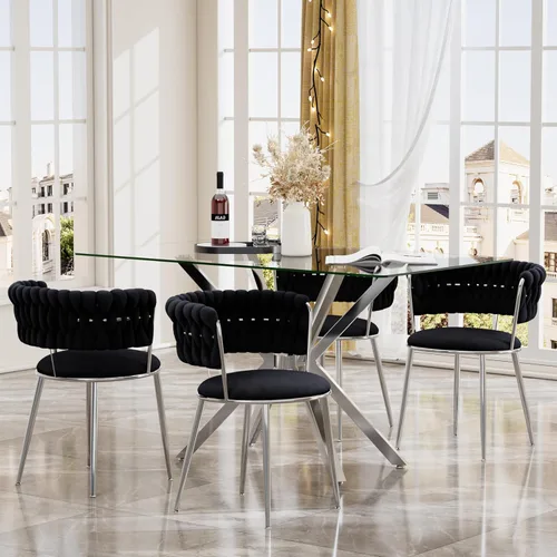 Miniatura 8 de Juego de mesa de comedor de cristal negro de 47 pulgadas para 4, juego de mesa de cocina minimalista moderno y 4 sillas de comedor de terciopelo