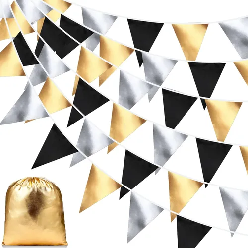 Tatuo Decoraciones de fiesta de graduación color negro dorado y plateado 2026, banderines triangulares de 40 pies de largo, guirnalda de bandera de