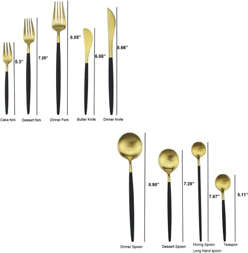 Miniatura 2 de Juego de cubiertos en oro negro de acero inoxidable 18/10, con mango negro mate, incluye tenedores, cucharas y cuchillos (10 piezas), platería