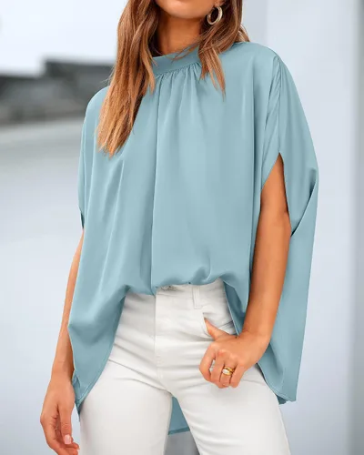 Miniatura 5 de BTFBM Blusas de verano para mujer, cuello alto falso, manga murciélago, holgadas, dobladillo alto y bajo, blusas informales de gran
