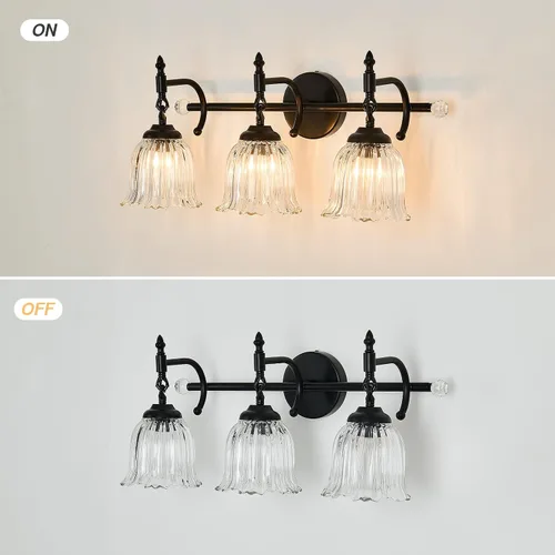 Miniatura 5 de CVKASH Accesorios de Lámpara de Tocador de Baño de 3 Luces Sobre Espejo, Lámpara de Tocador Moderna Negra con Pantalla de Vidrio, Aplique de Pared