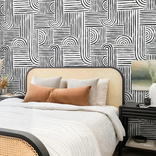 Miniatura 4 de VEELIKE Papel tapiz geométrico blanco y negro para despegar y pegar, papel tapiz abstracto moderno para dormitorio, baño, decoración de pared
