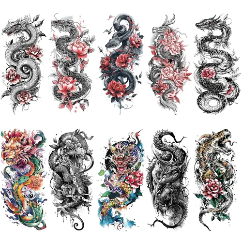 10 hojas de tatuaje temporal de flor de dragón para mujer, muslo de brazo, grande, realista, floral, dragón chino, tatuaje falso, para adultos,