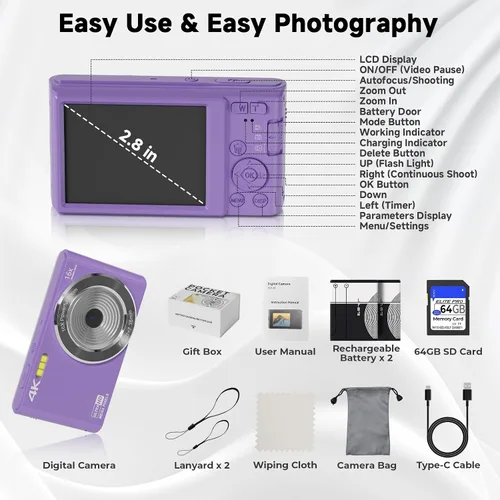 Miniatura 8 de Cámara digital, cámara de enfoque automático 4K para fotografía con tarjeta de 64GB, cámara digital compacta portátil de 44MP para adolescentes