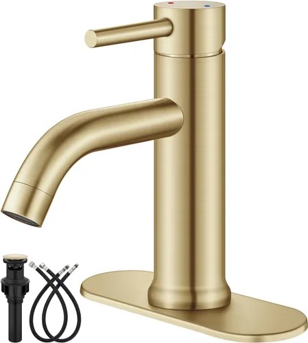 Miniatura 12 de Aolemi Grifo de baño de un solo agujero, grifo de lavabo de baño de una sola manija con líneas de suministro, con montaje de drenaje desplegable