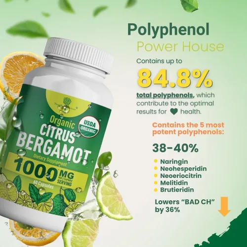 Miniatura 5 de Suplemento orgánico de bergamota cítrica – Solo USDA, cardiólogo formulado con más de 200 estudios científicos – 1000 mg – Extracto patentado