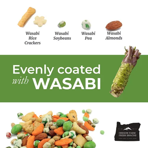 Miniatura 5 de Oregon Farm Fresh Snacks Mezcla de guisantes de Wasabi y galletas de arroz, aperitivos asiáticos de origen local y recién hechos con almendras