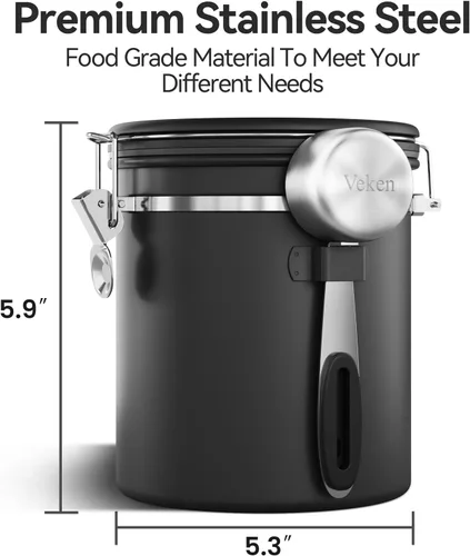 Miniatura 2 de Veken Recipiente de café con ventana, recipiente hermético de almacenamiento de alimentos de cocina de acero inoxidable con tapas, rastreador