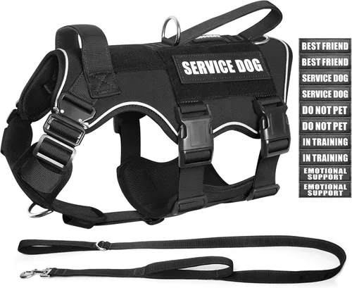 Miniatura 12 de Juego de chaleco y correa táctico para perro de servicio, arnés resistente con hebillas de metal para perros de tamaño mediano, chaleco ajustable