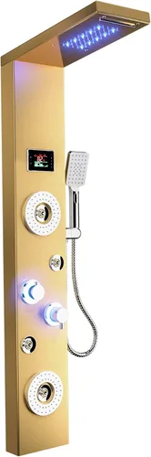Miniatura 12 de Sistema de panel de ducha de acero inoxidable tipo torre de Ello&Allo, cabezal de LED, modo cascada o lluvia; sistema de hidromasaje con chorros