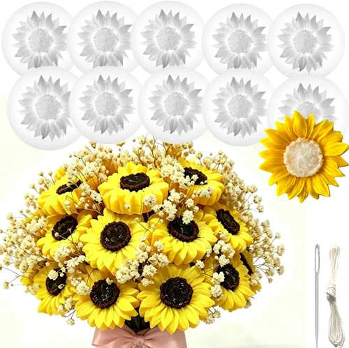 10 Pack Sun Flower Silicone Mold with Large-Eye Wicking Needle,Candlewick Soap Flowers Mold for DIY Tealight Candles Soaps Wax Epoxy Resin Concrete