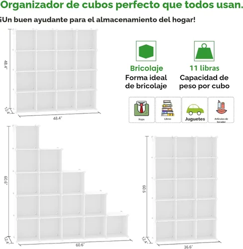 Miniatura 3 de C&AHOME Organizador de almacenamiento de cubos, estantes de 16 cubos, cubos de almacenamiento de plástico, organizador de armario de bricolaje, Milky
