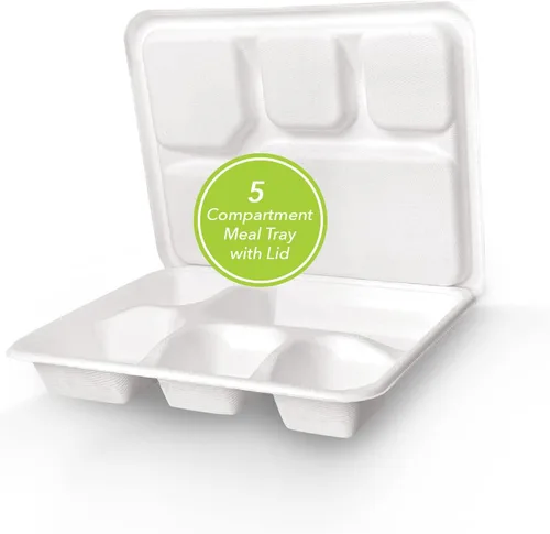 Miniatura 19 de three leaf Bandeja de comida con tapa de 5 compartimentos, 200 juegos. Bandeja de bagazo desechable resistente y ecológica con tapa, platos 100% 5