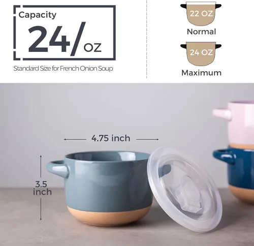 Miniatura 2 de AmorArc Juego de 2 cuencos de sopa de 24 onzas con asas grandes y tapas, cuencos de cerámica para sopa, cereales, guisos, fideos, coloridos cuencos