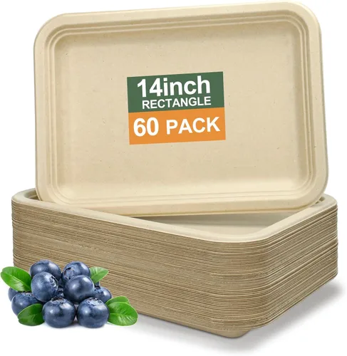Miniatura 8 de Paquete de 10 platos de comida, platos de papel rectangulares, aptos para microondas, a prueba de remojos, resistentes a cortes, compostables