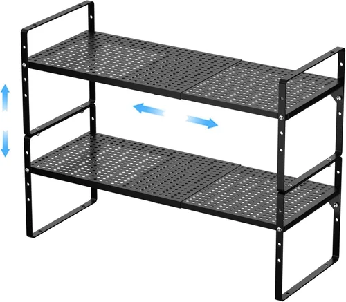Paquete de 2 organizadores de estantes de gabinete de cocina expandibles, estantes de almacenamiento de despensa de metal apilables, estante de Negro