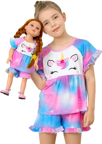 Pijamas a juego para niñas y muñecas, ropa de unicornio para niñas y conjuntos de pijama de muñecas de 18 pulgadas (no incluido)