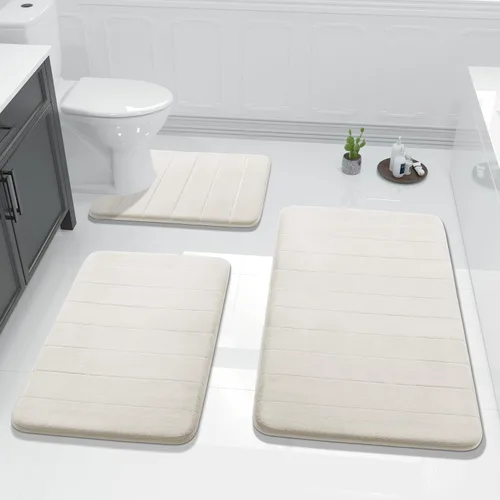 Miniatura 21 de Yimobra Juego de 3 tapetes de baño de espuma viscoelástica con alfombra de inodoro en forma de U, antideslizantes, súper suaves, absorbentes, de Gris